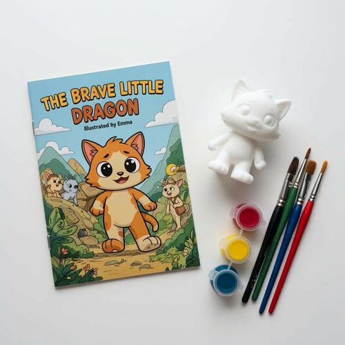 Full art package with stapled comic booklet, matching white unpainted StoryPal figurine, paint pots and brushes